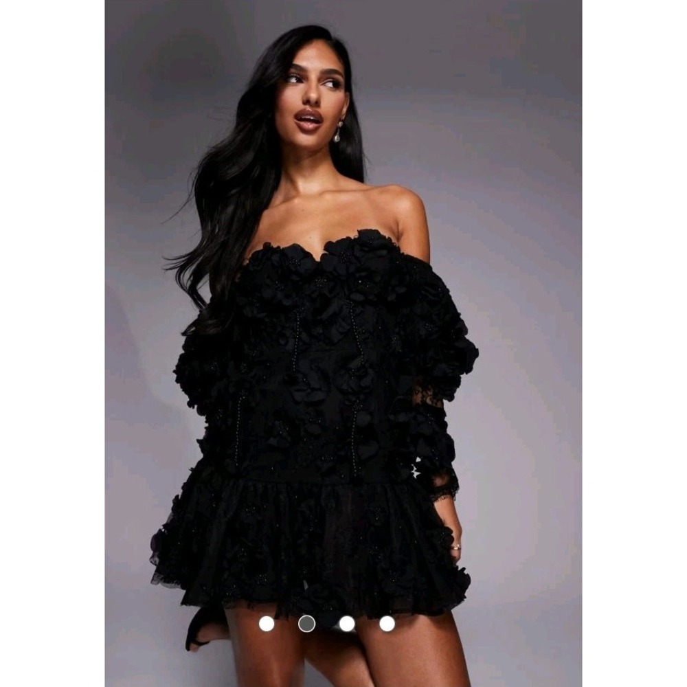 ASOS LUXE 3D Floral Beaded Black Off The Shoulder Puff Sleeve Mini Dress NWT - Picture 2 of 13